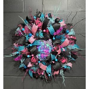 Halloween Wreath for Front Door Black and Pink Haunted House 30 inch